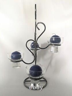 Vintage Mid Century Modern Danish Wrought Iron & Glass Candle Holder Candelabra