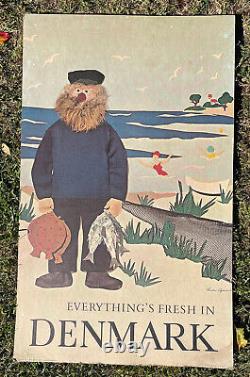 Vintage Mid-Century Modern Denmark Danish Travel Poster Fisherman Fresh Art