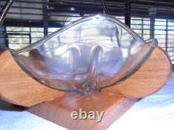 Vintage Mid Century Serving Glass Bowl Wood Walnut Danish Style Handle Tear Drop