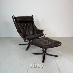 Vintage Midcentury Danish Brown Leather Falcon Chair & Ottoman Sigurd Resell3887